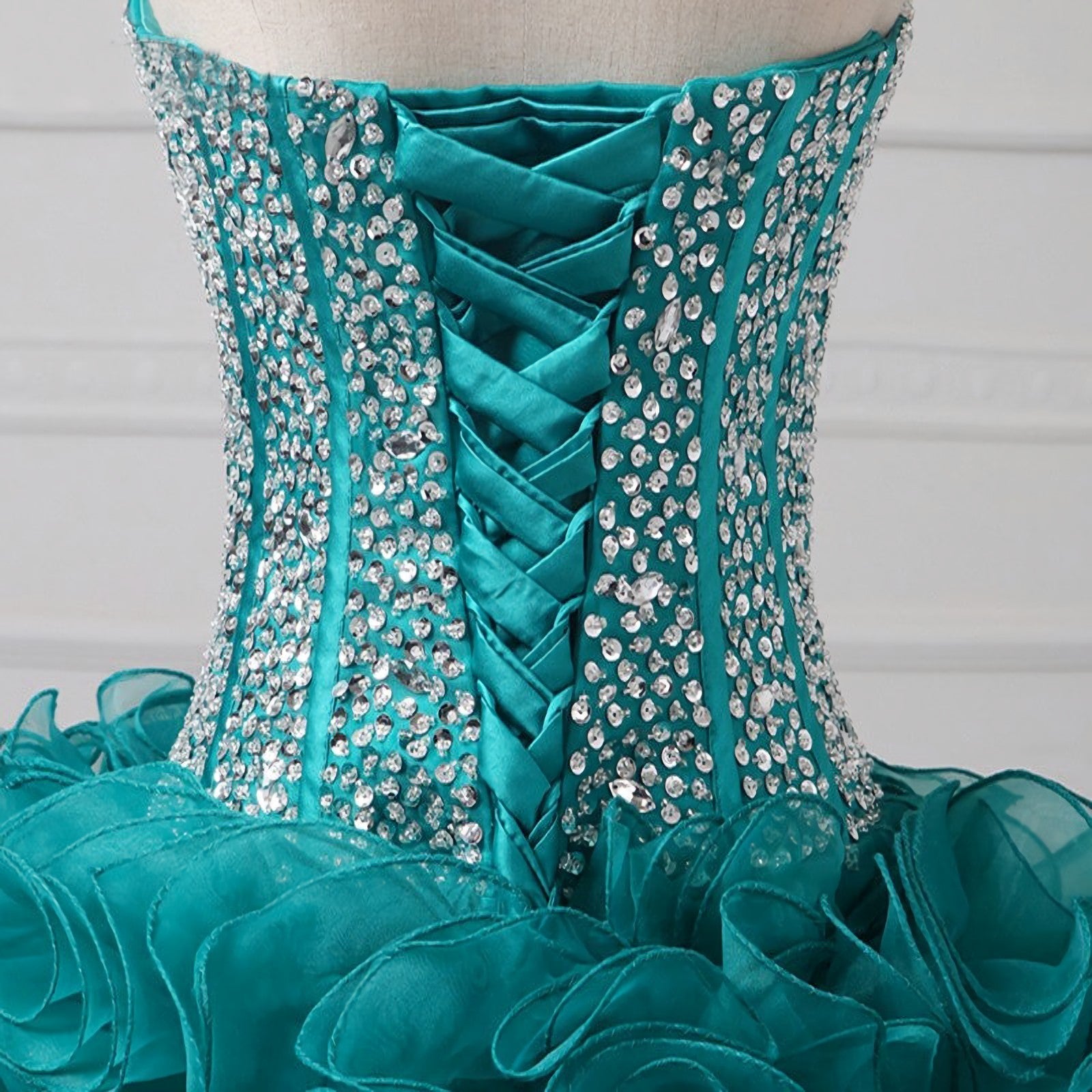 Formal Dress For Weddings, Ruffles Strapless Sweetheart Backless Rhinestone Organza Teal Homecoming Dresses