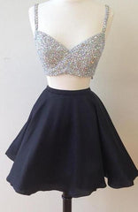 Prom Dresses Silk, V Neck Two Pieces Sleeveless Rhinestone Sparkle A Line Pleated Chiffon Homecoming Dresses