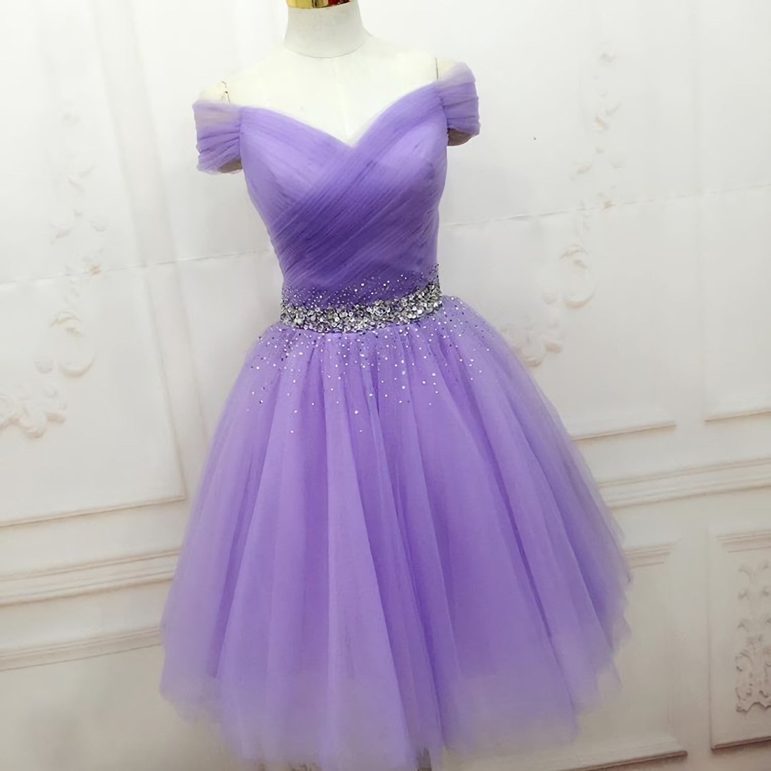 Homecomming Dresses Red, Off The Shoulder V Neck Lilac Rhinestone A Line Tulle Pleated Ruched Homecoming Dresses