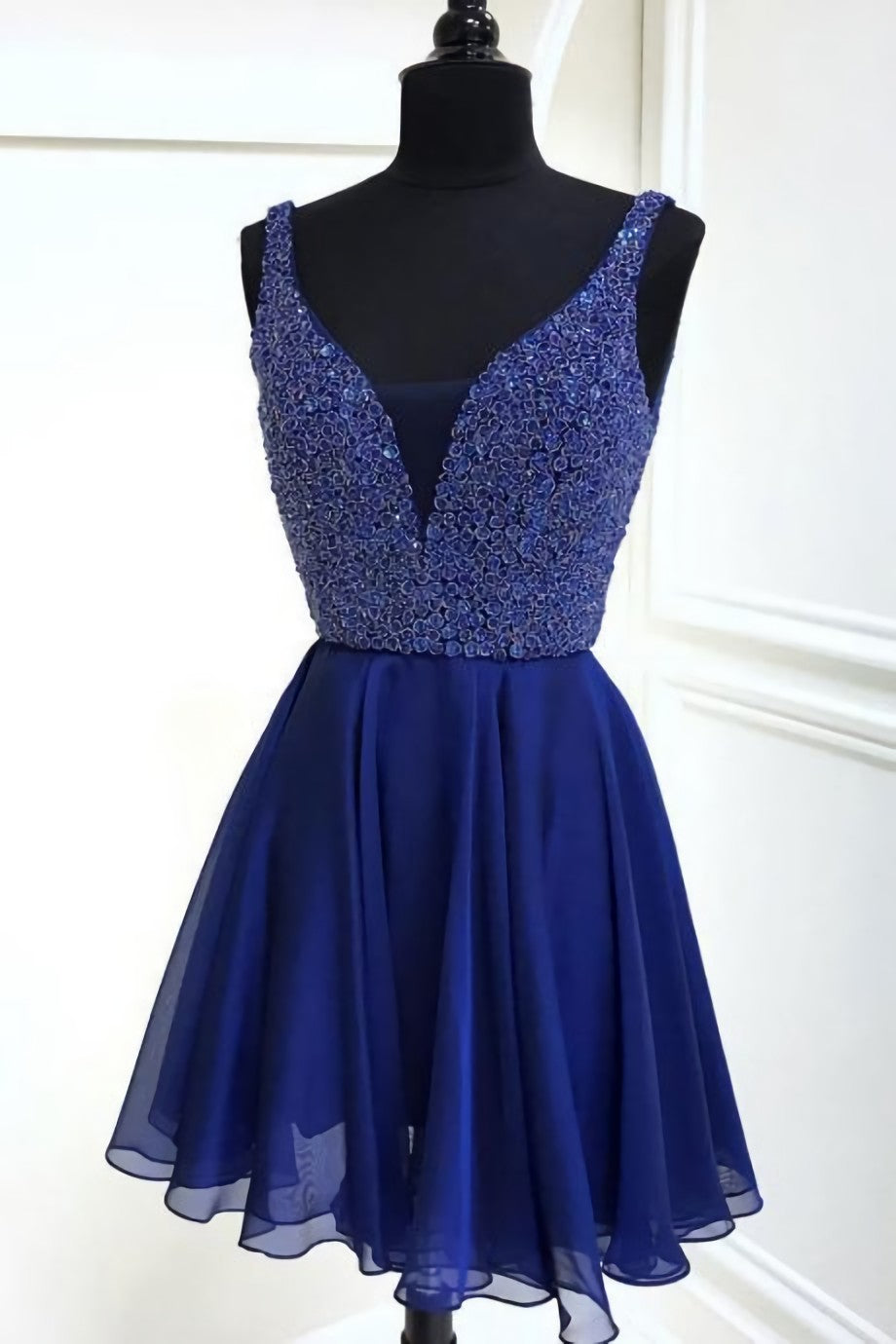 Formal Dress Long, Chiffon A Line Royal Blue Deep V Neck Appliques Sparkle Sleeveless Homecoming Dresses