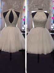 Prom Dressed Short, Tulle Sleeveless Halter Backless Cut Out Pleated A Line White Beading Homecoming Dresses