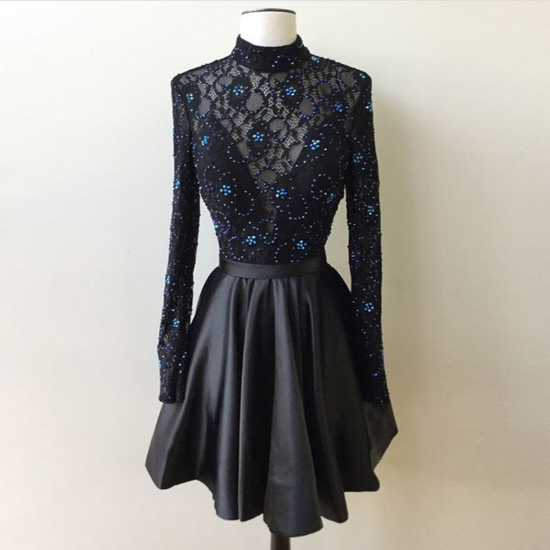 Evening Dress 1932, Lace A Line Beading Satin Pleated Black Long Sleeve High Neck Short Homecoming Dresses