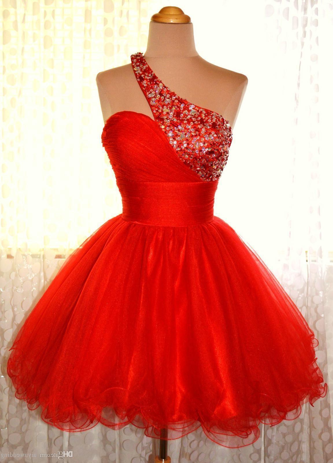 Prom Dress Places, One Shoulder Red Sleeveless A Line Organza Pleated Rhinestone Homecoming Dresses