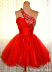 Prom Dress Ideas 2036, One Shoulder Red Sleeveless A Line Organza Pleated Rhinestone Homecoming Dresses