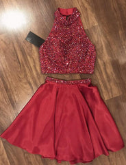Evening Dress Modest, Halter Sleeveless Red A Line Two Pieces Beading Satin Pleated Short Homecoming Dresses