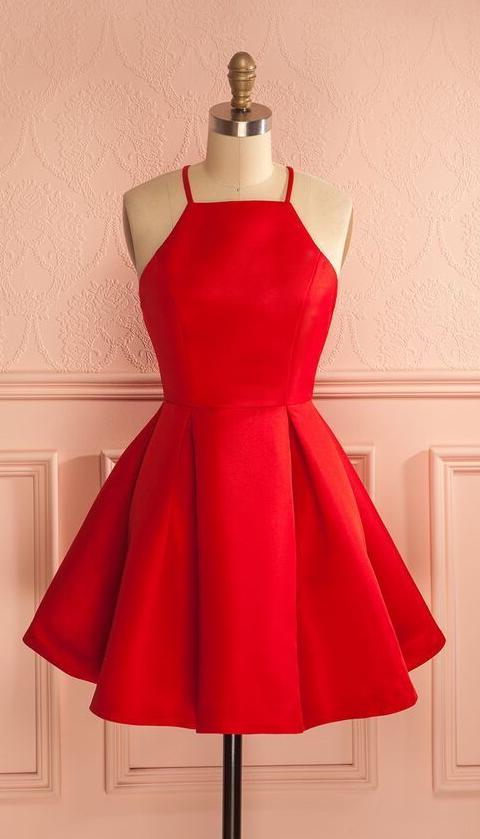 Evening Dress With Sleeves Uk, Sleeveless Red Halter Spaghetti Straps A Line Pleated Satin Short Homecoming Dresses