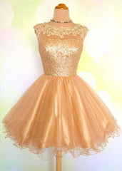 Prom Dresses Nearby, Cap Sleeve Jewel Appliques Sequins Sheer A Line Gold Organza Backless Homecoming Dresses