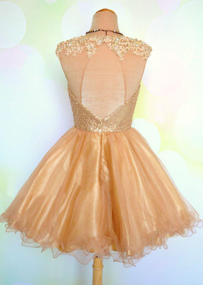 Prom Dress With Shorts, Cap Sleeve Jewel Appliques Sequins Sheer A Line Gold Organza Backless Homecoming Dresses