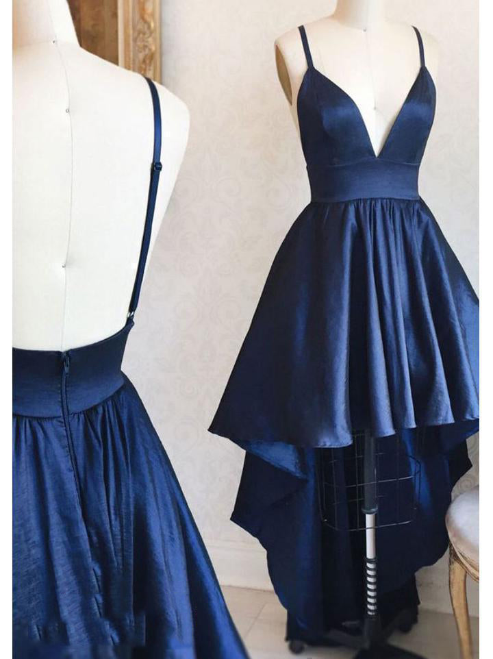 Evening Dresses, High Low Navy Blue Deep V Neck Spaghetti Straps Backless A Line Satin Homecoming Dresses
