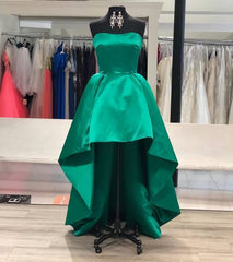 Formal Dresses For Wedding, Strapless Sweetheart A Line High Low Hunter Satin Pleated Homecoming Dresses