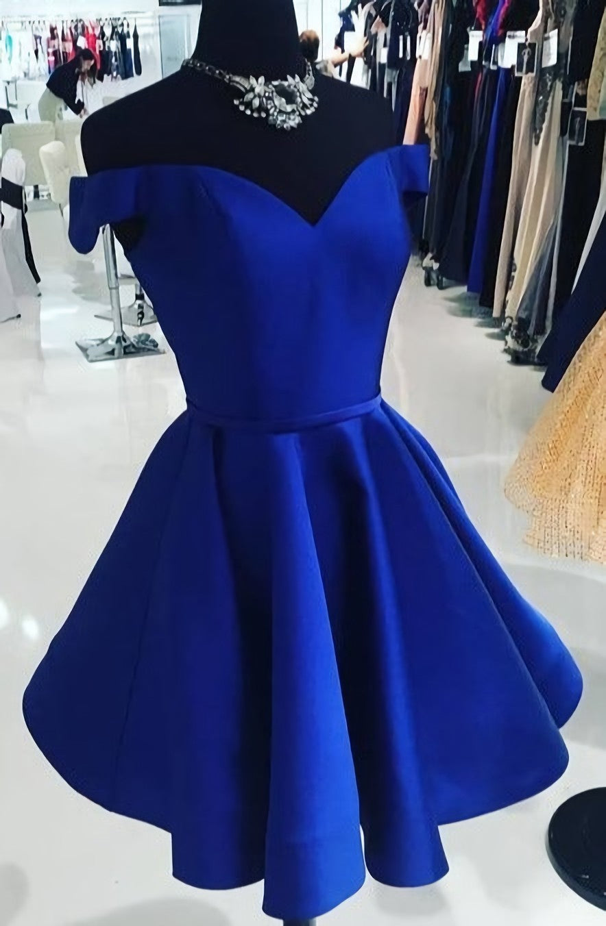 Homecoming Dresses Blues, Royal Blue Off The Shoulder V Neck A Line Satin Pleated Short Homecoming Dresses