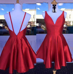 Prom Dress For Teen, Deep V Neck Red Straps Backless Sleeveless A Line Satin Pleated Homecoming Dresses