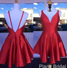 Prom Dress Trends 2036, Deep V Neck Red Straps Backless Sleeveless A Line Satin Pleated Homecoming Dresses
