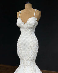 Wedding Dresses Tulle, 2024 Sexy Mermaid/Trumpet Spaghetti Straps Sweetheart Satin Applique Wedding Dresses