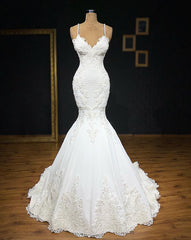 Wedding Dress For Sale, 2024 Sexy Mermaid/Trumpet Spaghetti Straps Sweetheart Satin Applique Wedding Dresses