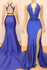 Evening Dress Classy, Amazing Sheath Side Slit Royal Blue V Neck Backless Lace Prom Dresses 2024