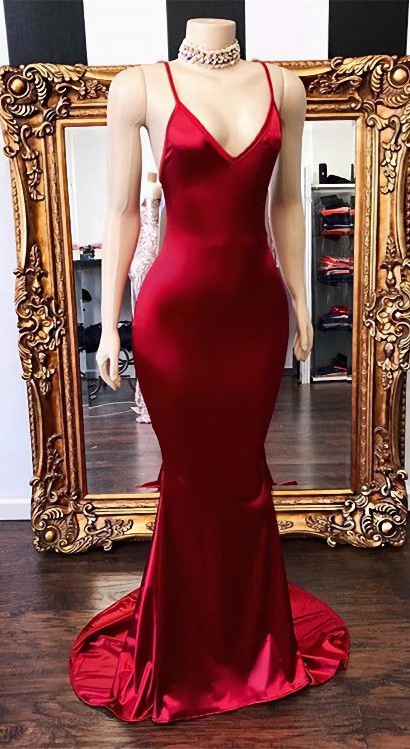Formal Dresses Gown, 2024 New Arrival Red Mermaid V Neck Backless Elastic Satin Prom Dresses