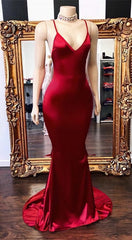 Formal Dresses Gown, 2024 New Arrival Red Mermaid V Neck Backless Elastic Satin Prom Dresses