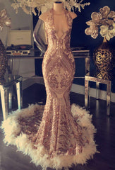 Evening Dress Petite, 2024 Sexy Gold Sequence V Neck Halter Backless Feathers Prom Dresses
