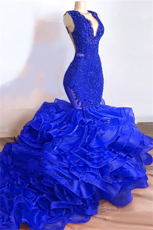 Evening Dresses V Neck, 2024 Royal Blue Mermaid V Neck Organza Layered Lace Long Prom Dresses