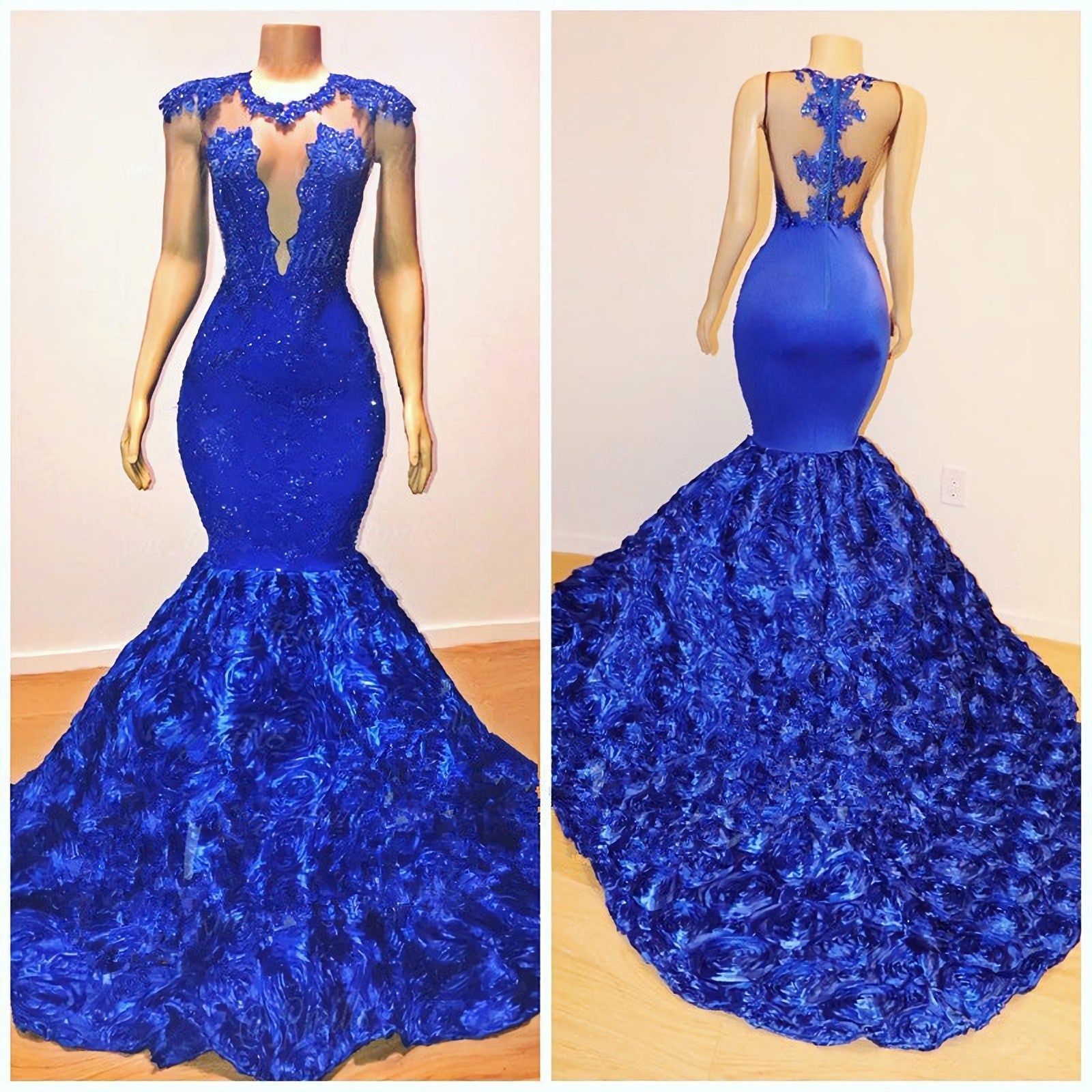 Formal Dress On Sale, 2024 Mermaid Royal Blue Open Front Rose Lace Prom Dresses
