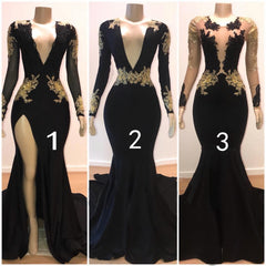 Formal Dressing Style, 2024 Black Mermaid Long Sleeves V Neck Gold Appliques Prom Dresses