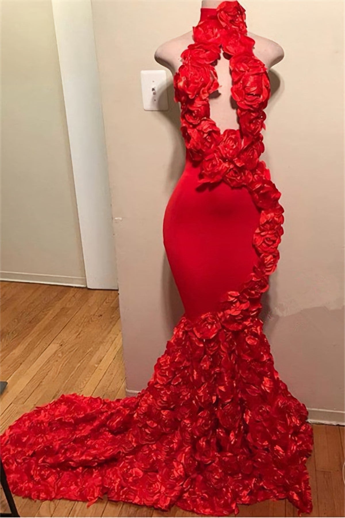 Formal Dresses 2035, Red Mermaid High Neck Rose Open Front Backless 2024 Prom Dresses