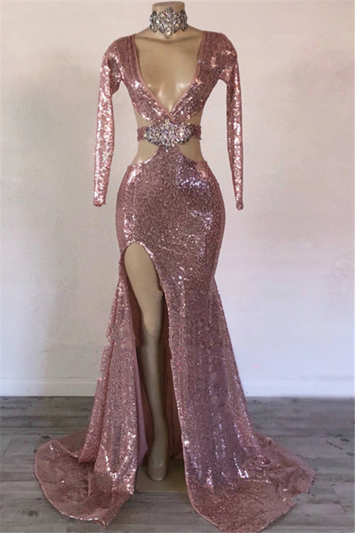 Formal Dress Attire, 2024 Sheath Pink Hollow Out Sequence V Neck Long Sleeves Beaded Prom Dresses