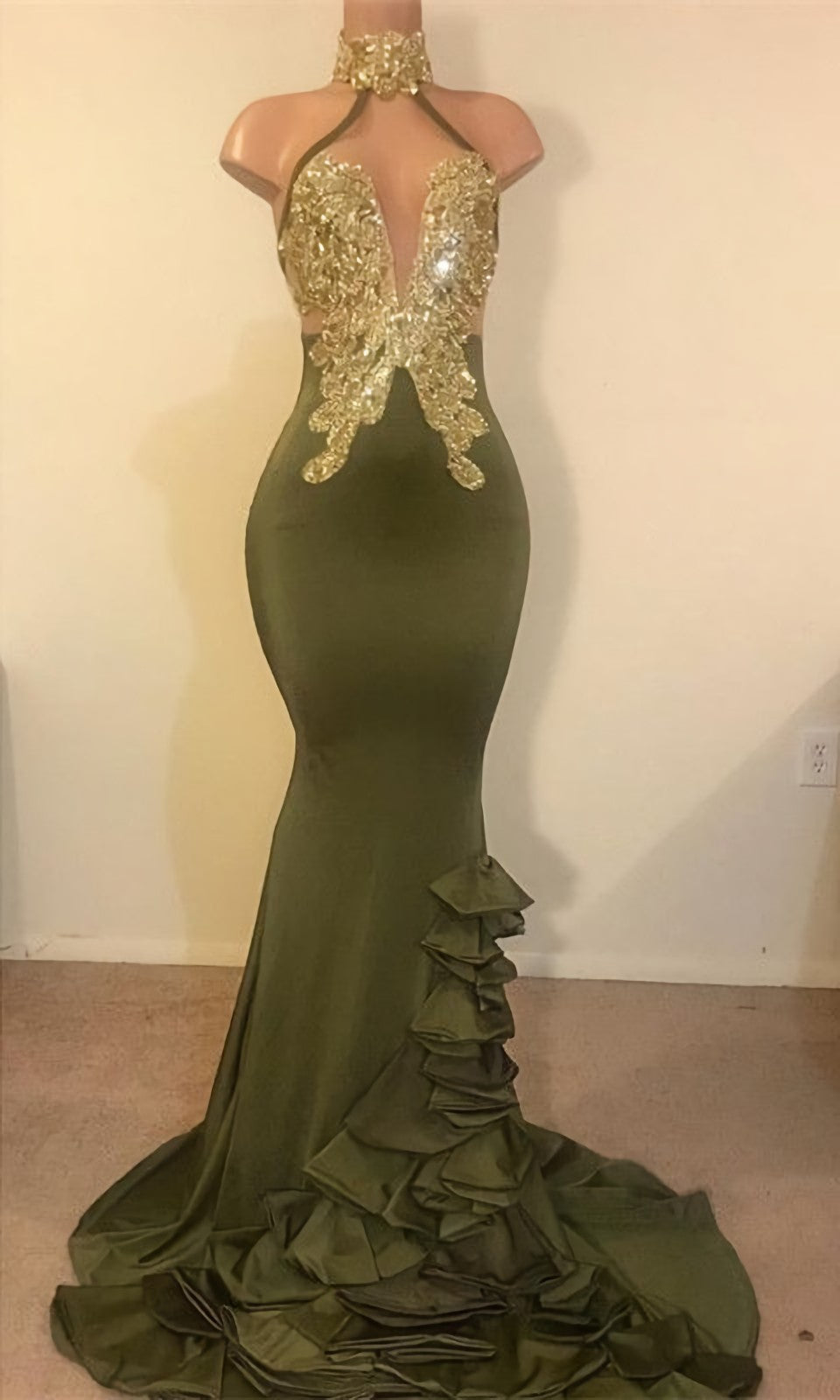 Formal Dress Gowns, 2024 New Arrival Mermaid High Neck Beaded Green Ruch Backless Prom Dresses