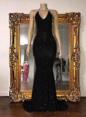 Evening Dresses Open Back, Sexy 2024 Black Halter Mermaid Sequence Backless Prom Dresses