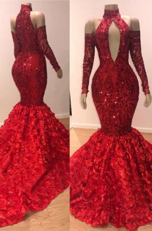 Evening Dresses Green, Charming Mermaid High Neck Red Long Sleeves Hollow Out Open Front Lace Prom Dresses 2024