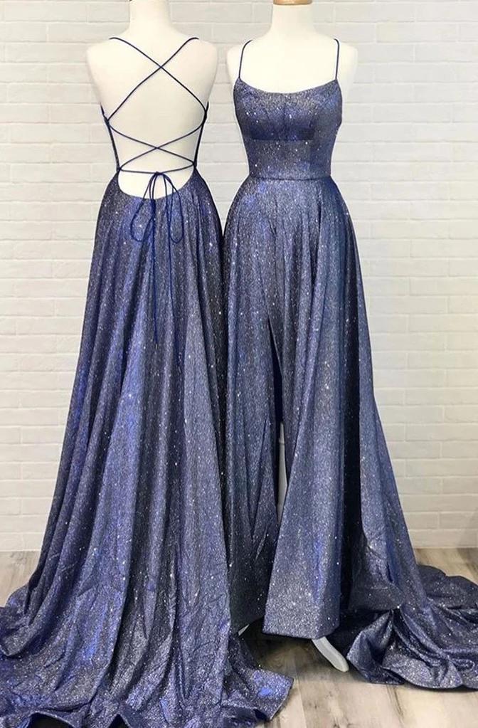 Evening Dresses Cocktail, Cheap A Line Lace Up Purple Scoop Spaghetti Straps Sequence Prom Dresses 2024