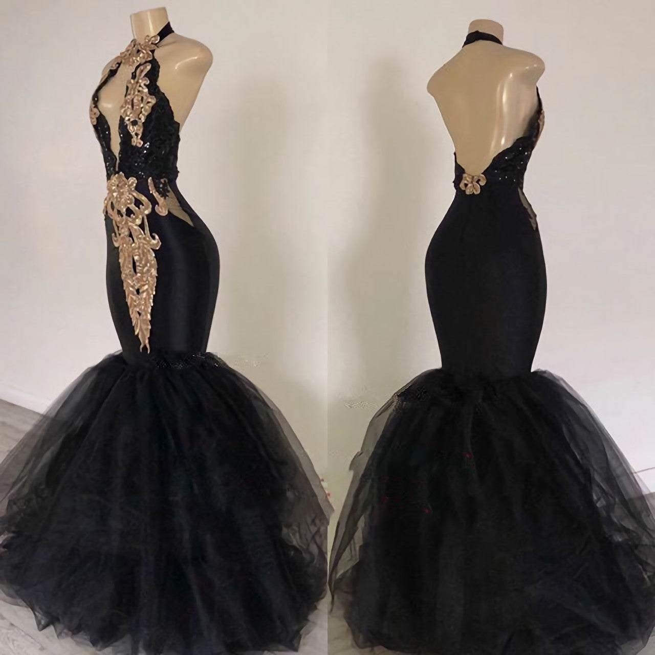 Homecoming Dress Pink, 2024 Sexy Prom Dresses, Black Mermaid Tulle With Gold Appliques V Neck Backless