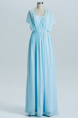 Prom Dresses Pieces, Blue Chiffon A-line Long Convertible Bridesmaid Dress