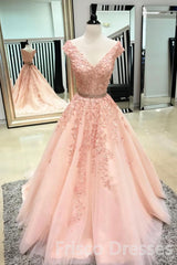 Homecomming Dresses Short, Pink Sleeveless V Neck Tulle Lace Applique Long Prom Dresses
