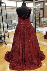 Wedding Flower, Wine Red Sequin One-Shoulder Ball Gown