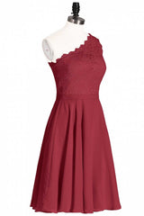 Prom Dress For Kids, One-Shoulder Burgundy Lace A-Line Short Bridesmaid Dress