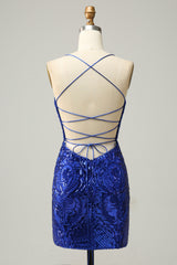 Maxi Dress Outfit, Royal Blue Sheath Lace-Up V Neck Sequins Homecoming Dress