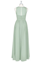 Formal Dress Vintage, Sage Green Chiffon Sheer Neck A-Line Long Bridesmaid Dress