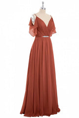 Formal Dresses For Weddings Mothers, Rust Orange Chiffon Cold-Shoulder Long Bridesmaid Dress