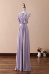 Bridesmaid Dress Purple, Lilac Halter Open Back Ruffled Long Bridesmaid Dress