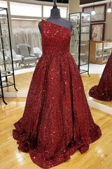 Fall Wedding, Wine Red Sequin One-Shoulder Ball Gown
