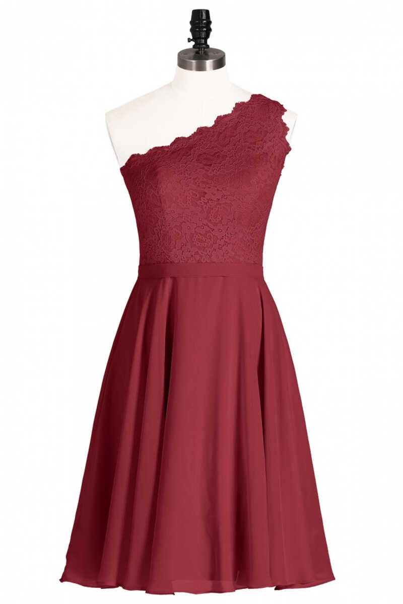 Vintage Dress, One-Shoulder Burgundy Lace A-Line Short Bridesmaid Dress