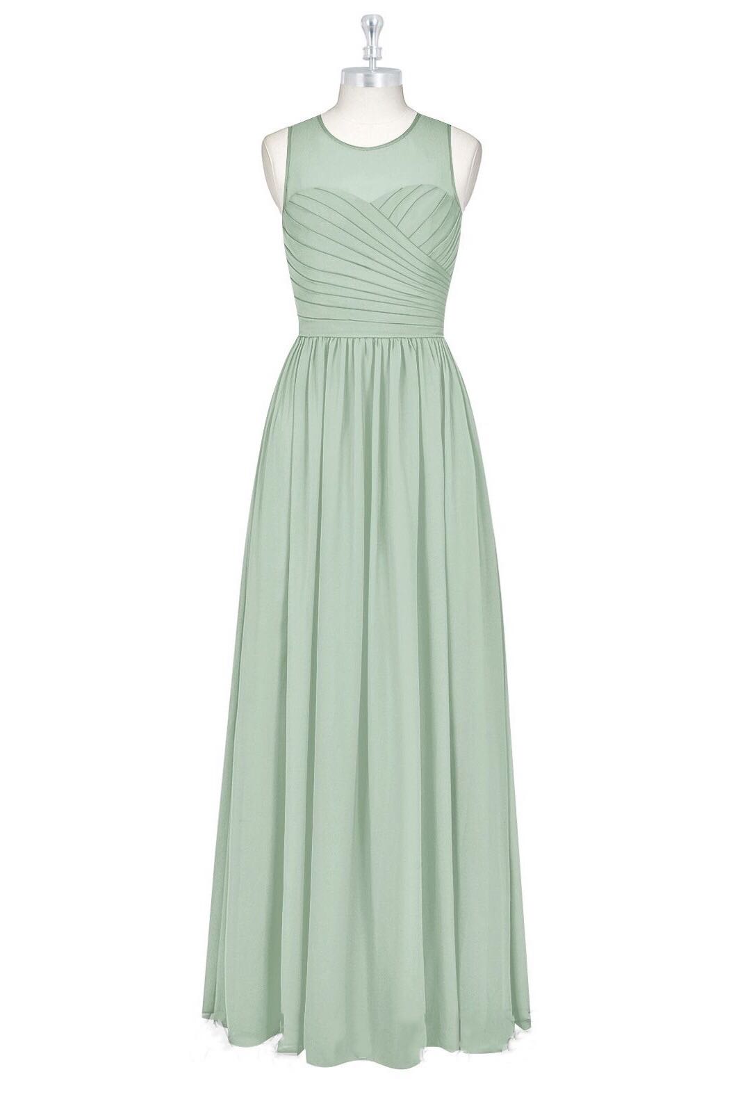 Formal Dresses For Teen, Sage Green Chiffon Sheer Neck A-Line Long Bridesmaid Dress