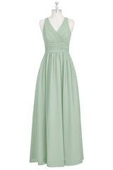 Formal Dressed Long Gowns, Sage Green V-Neck Backless A-Line Bridesmaid Dress