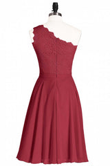 Dream, One-Shoulder Burgundy Lace A-Line Short Bridesmaid Dress