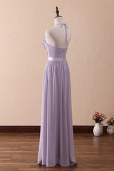 Bridesmaids Dress Purple, Lilac Halter Open Back Ruffled Long Bridesmaid Dress