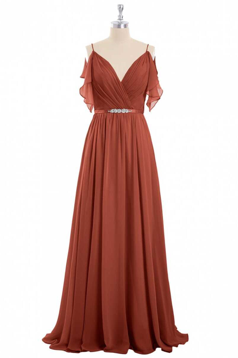 Formal Dresses, Rust Orange Chiffon Cold-Shoulder Long Bridesmaid Dress