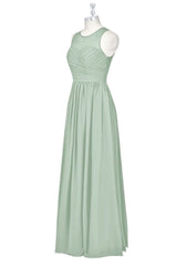 Formal Dress For Teen, Sage Green Chiffon Sheer Neck A-Line Long Bridesmaid Dress