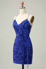 Women Dress, Royal Blue Sheath Lace-Up V Neck Sequins Homecoming Dress